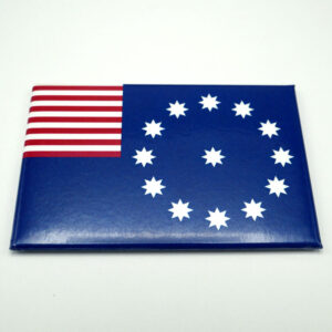 Photo of a refrigerator magnet of the Easton PA flag, roughly 3.125 by 2.125 inches.