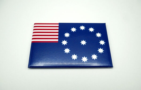 Photo of a refrigerator magnet of the Easton PA flag, roughly 3.125 by 2.125 inches.