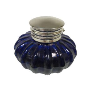 3" Cobalt Blue Swirl Glass Inkwell w/ Nickel Plated Lid